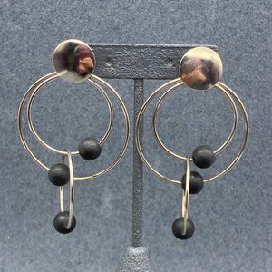New Ave Pierced Dangle Earrings Triple Hoop Silver Black Sliding Bead 80S Retro